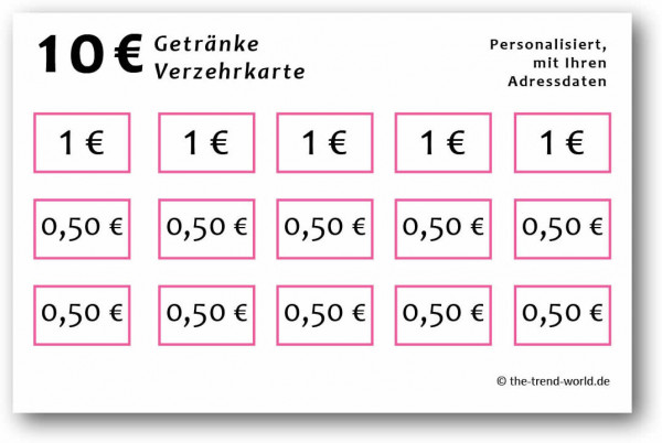 100 Getränke-/ Verzehrkarten ★ Wert 10 € ★ personalisiert ★ New Pink - V400