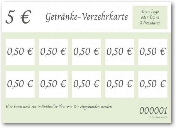 5,00 € Getränkekarten- / Verzehrkartenblock ★ fortlaufend nummeriert ★ Lindgrün ★ V0104