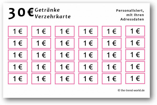 100 Getränke-/ Verzehrkarten ★ Wert 30 € ★ personalisiert ★ New Pink - V400