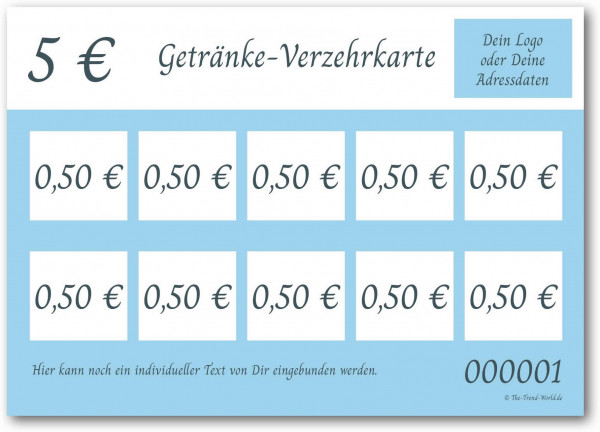 5,00 € Getränkekarten- / Verzehrkartenblock ★ fortlaufend nummeriert ★ Babyblau ★ V0108