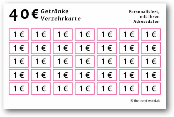 100 Getränke-/ Verzehrkarten ★ Wert 40 € ★ personalisiert ★ New Pink - V400