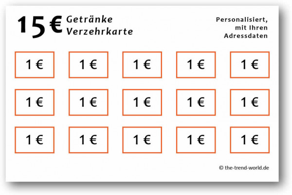 100 Getränke-/ Verzehrkarten ★ Wert 15 € ★ personalisiert ★ Orange - V401