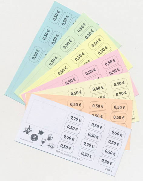 6,00 € Wertmarken- / Verzehrkartenblock mit Stempelfeld - fortlaufend nummeriert
